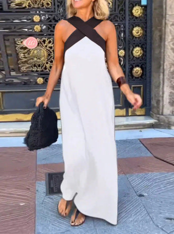 White cross-strap maxi dress, sleeveless with crisscross back straps and V neckline