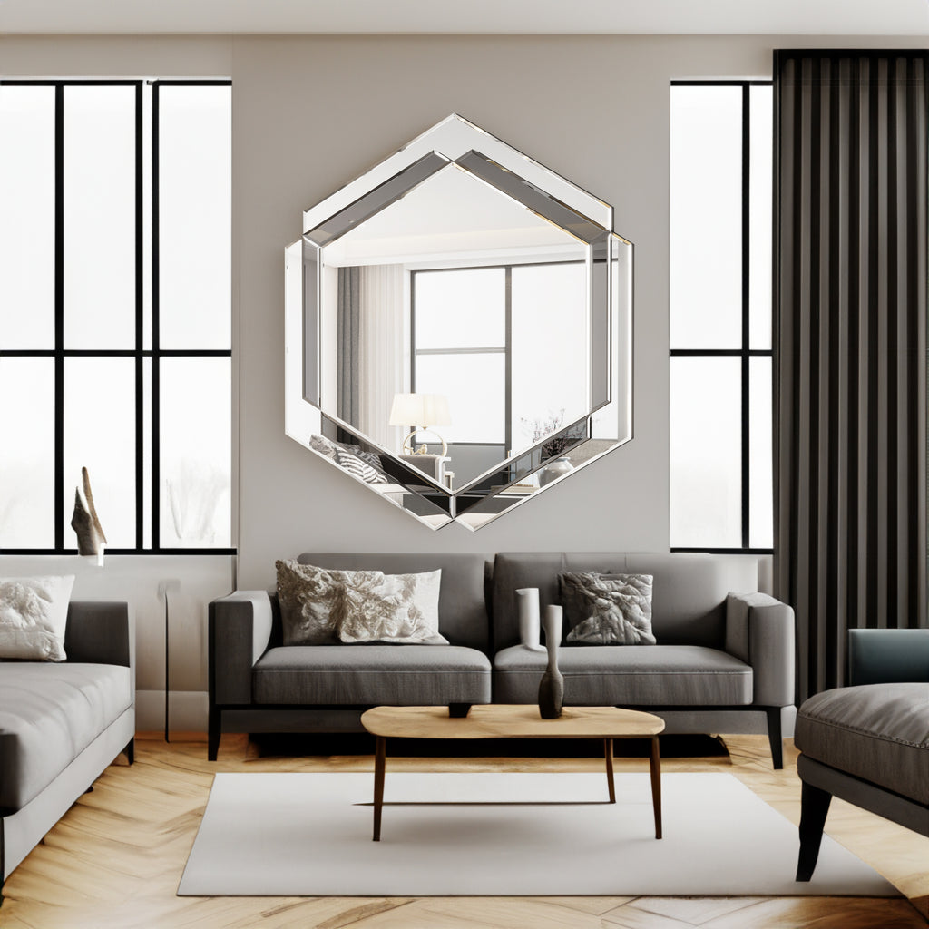 Wall-mounted decorative octagon wall mirror with silver beveled frame and reflective glass