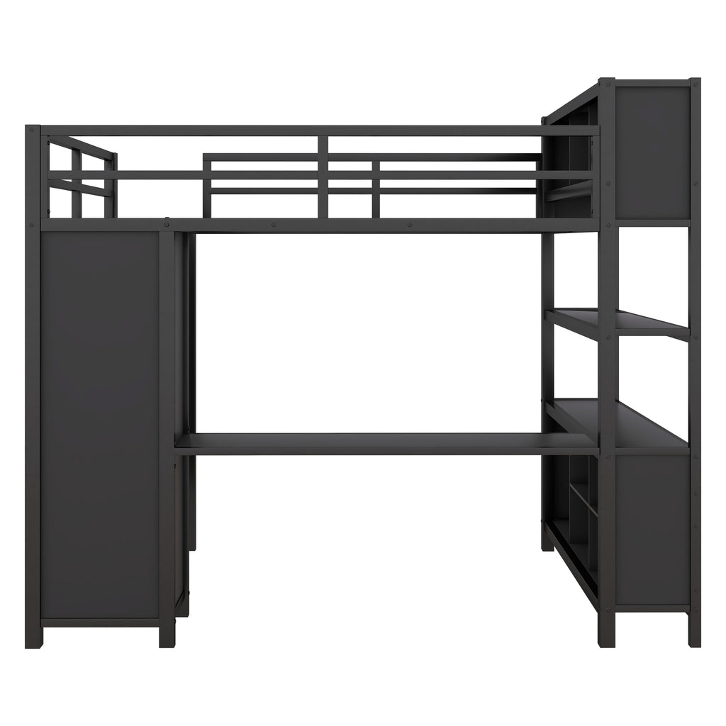 Black metal full-size loft bed with side cabinet doors and ladder right-side shelving
