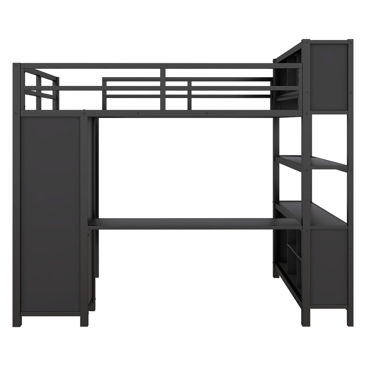Black metal full-size loft bed with side cabinet doors and ladder right-side shelving