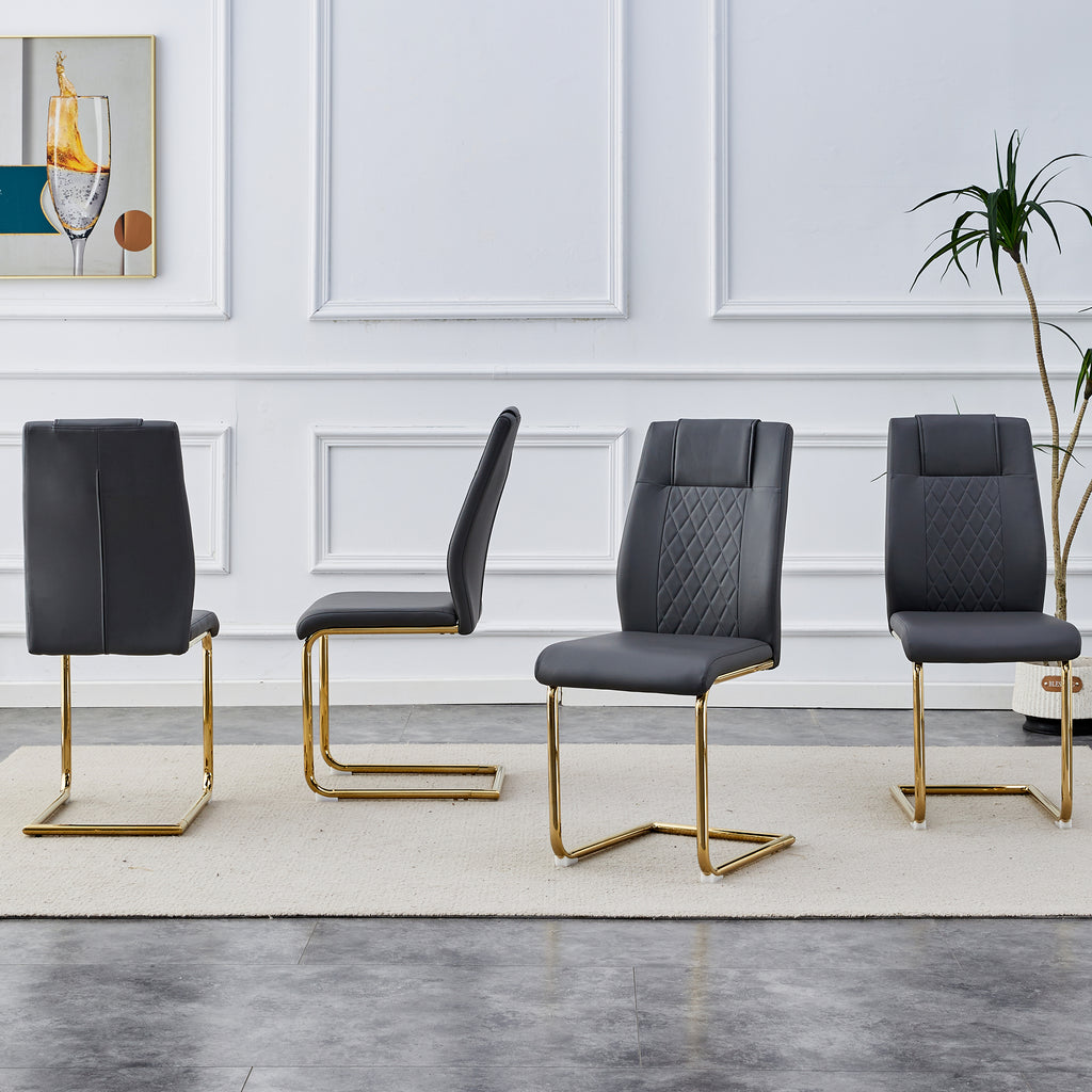 Set of gray faux leather chairs with quilted backs, cushioned seats, and gold metal legs.