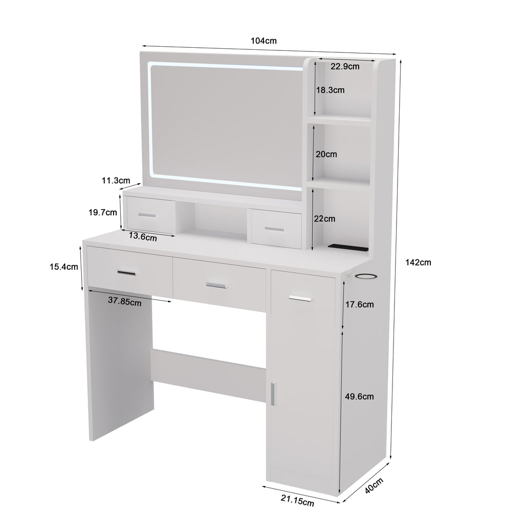 White dressing table with illuminated mirror, side cabinets, drawers, and center shelf