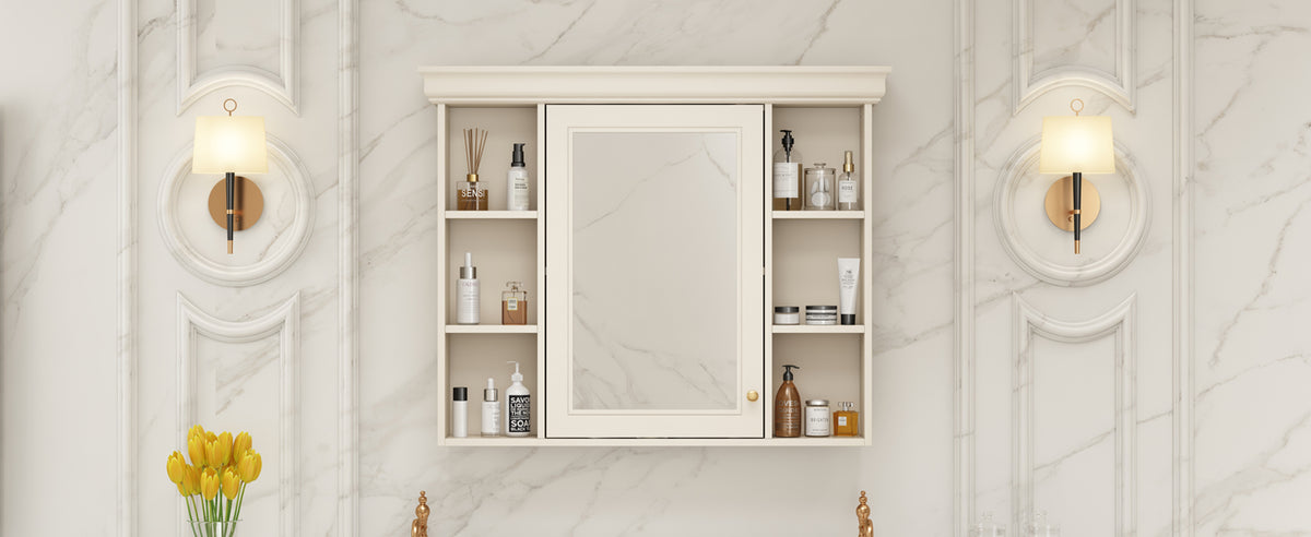 Cream bathroom wall cabinet with mirror door and stocked open shelves