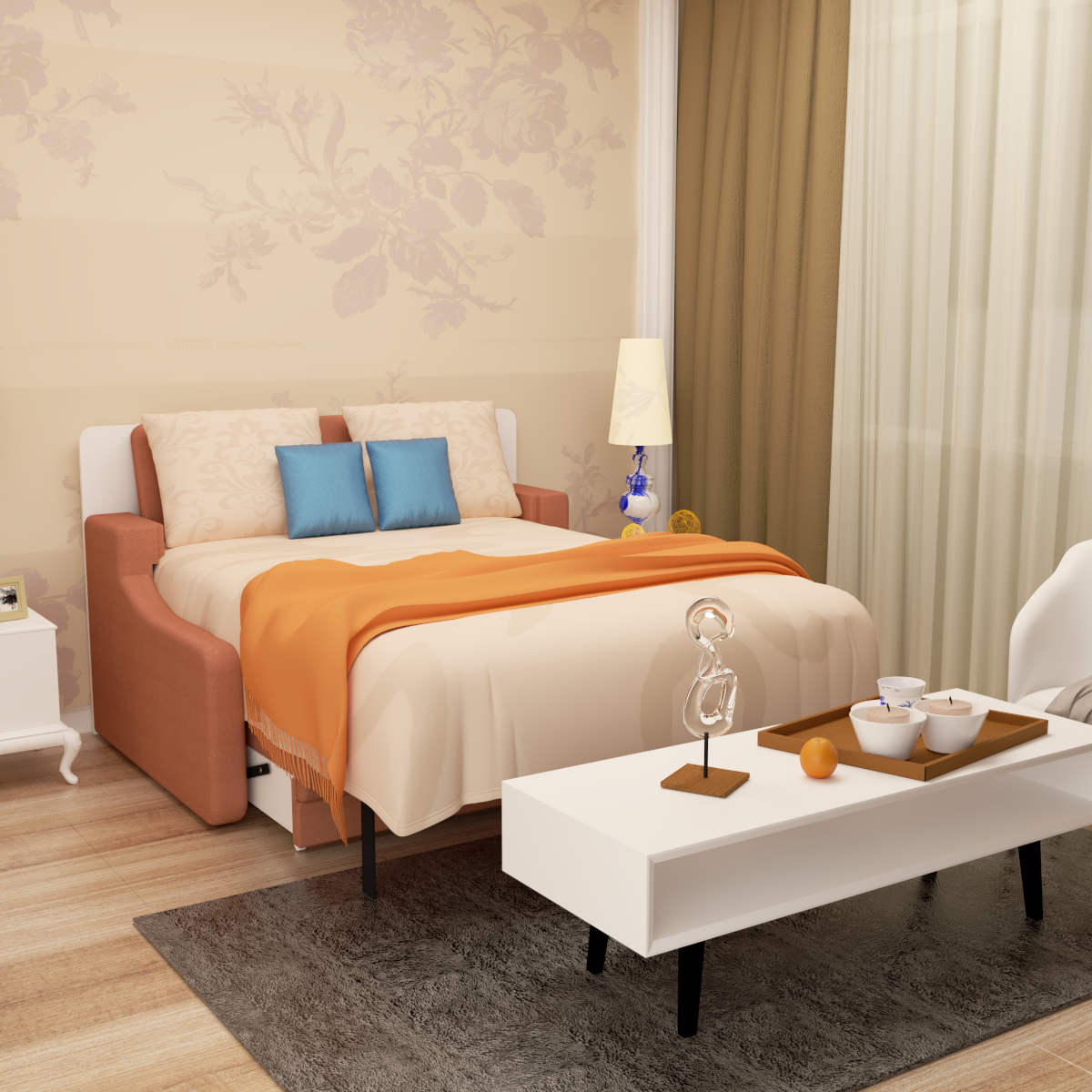 Upholstered bed frame with white linens, blue pillows, and orange throw blanket