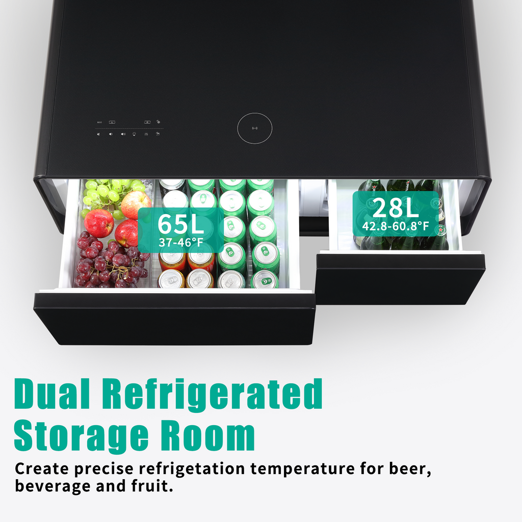 Black smart coffee table with open dual storage and circular touch control on top