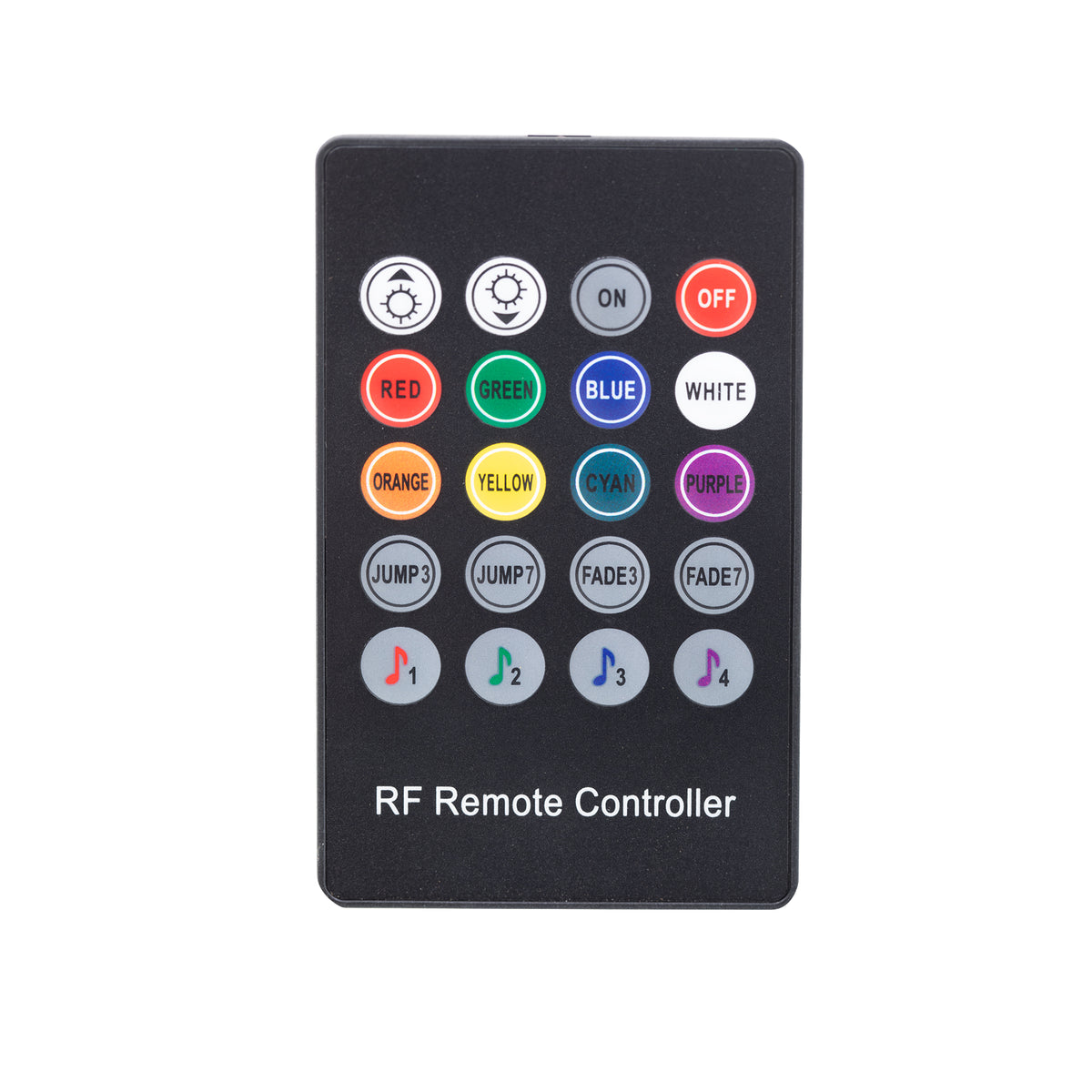 RF remote controller with colorful light buttons and ON/OFF controls for LED table.