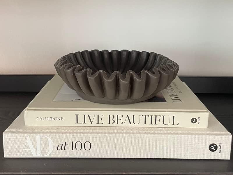 Black fluted scallop decorative bowl with lotus-leaf ridged edge