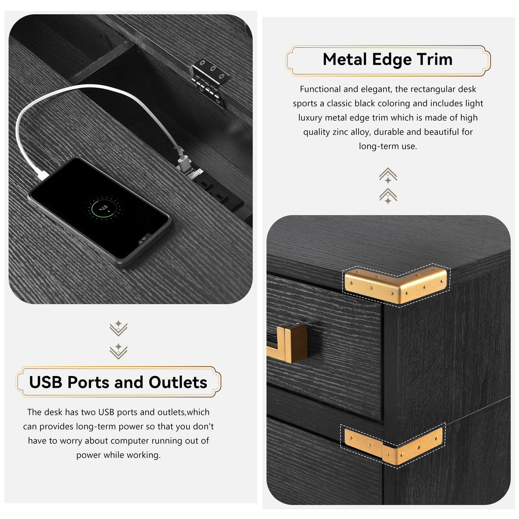 Black desk with USB ports and dark power module beneath gold metal edge trim.