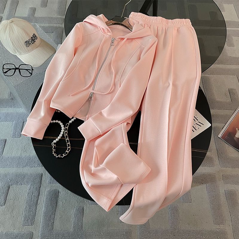 Peach-pink hooded open-front zip top with wide-leg drawstring pants set