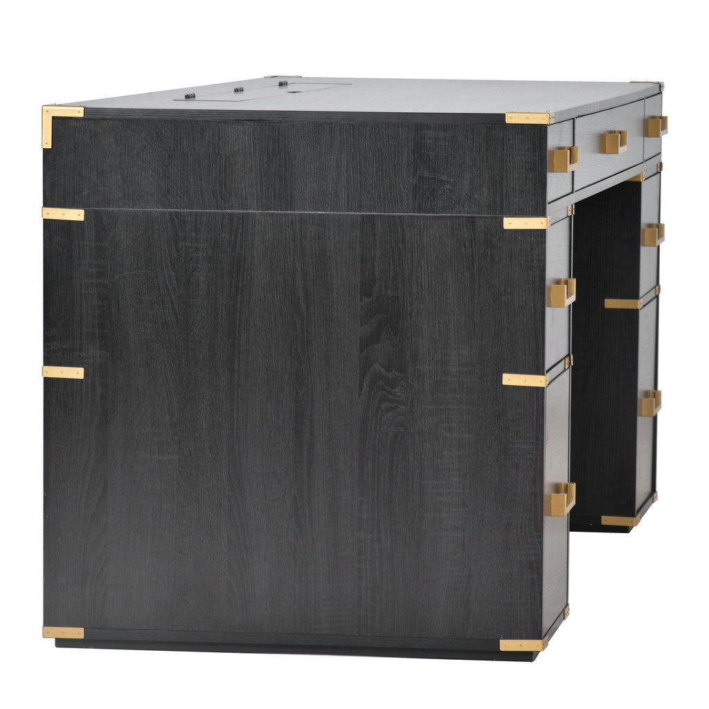 Black writing desk with metal trim, side cabinet and hinged compartment detail