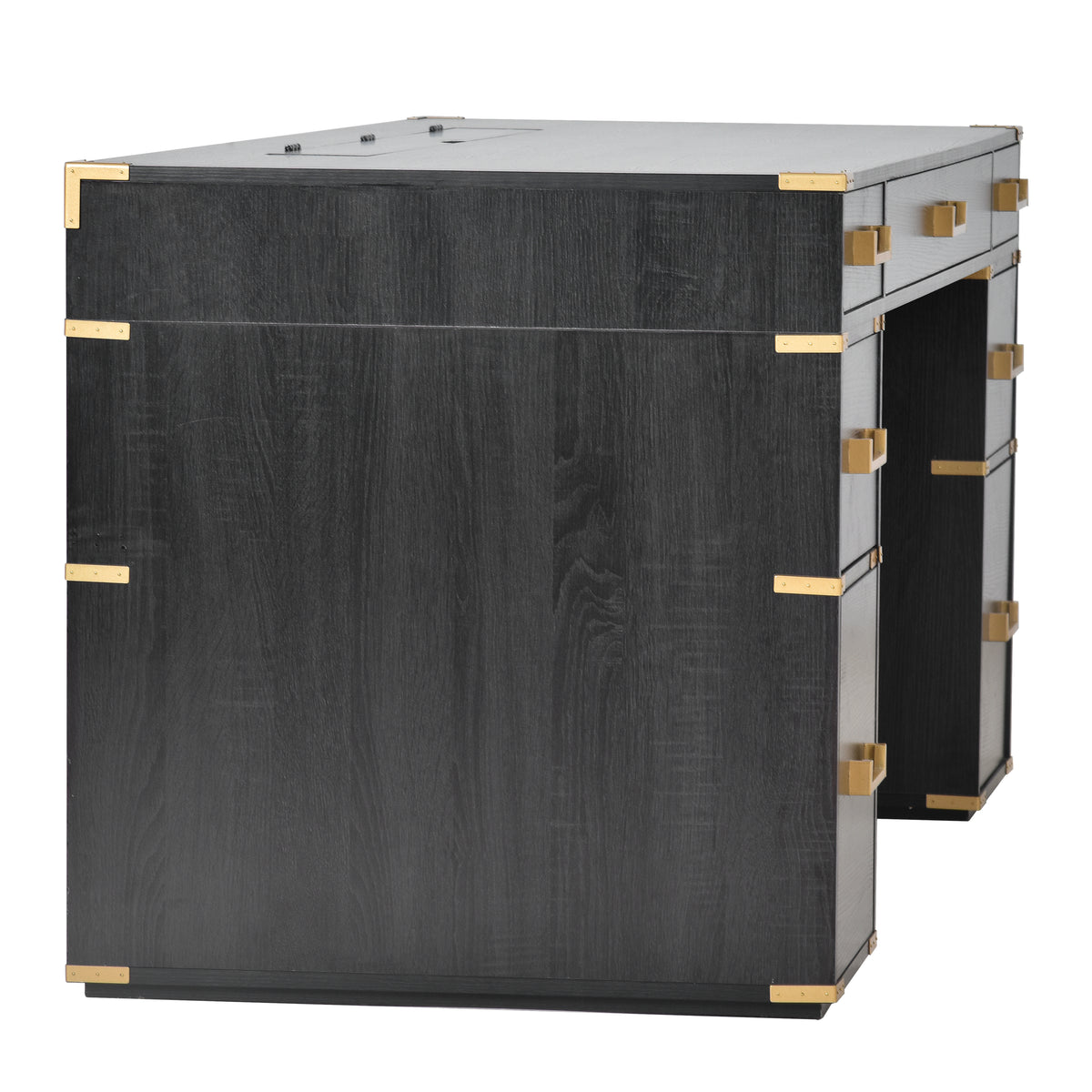 Black writing desk with metal trim, side cabinet and hinged compartment detail
