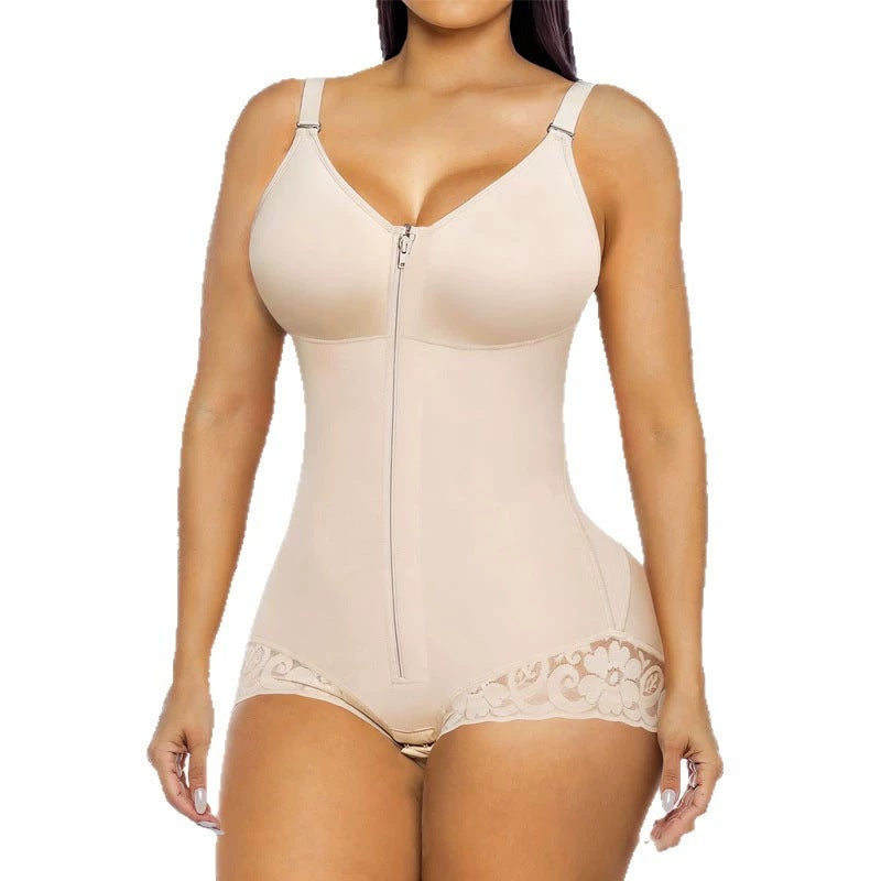 Nude mesh zip-front bodysuit shapewear with lace waist and leg openings