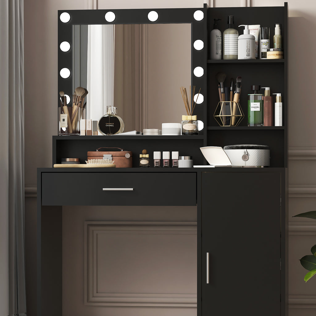 Black makeup vanity desk with lighted mirror, drawer, and right storage cabinet door