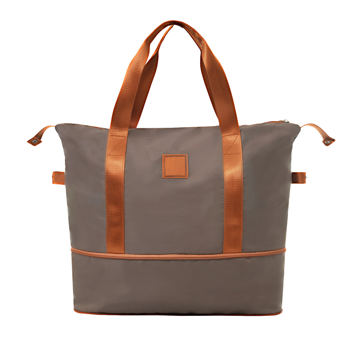 Gray fabric duffel-style carry tote with tan handles and front patch pocket