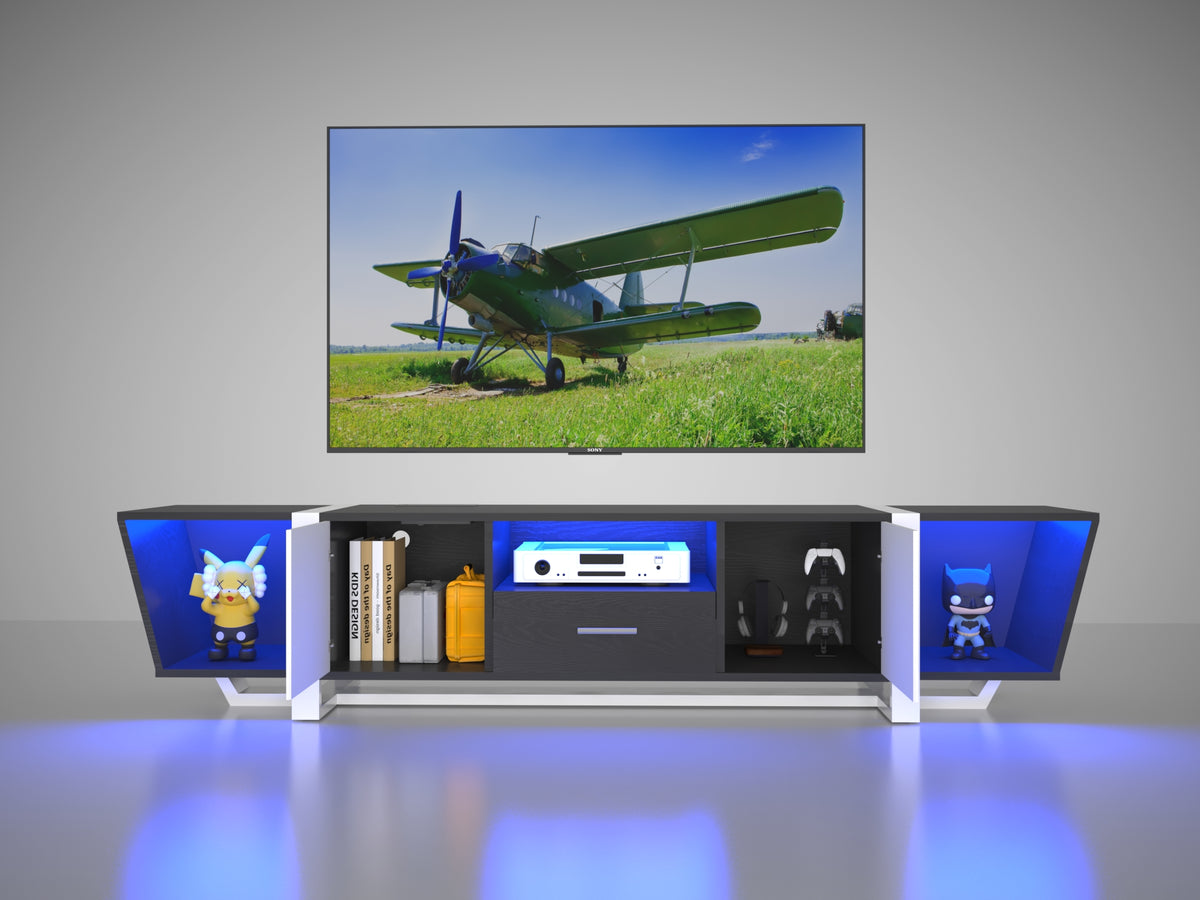 Black TV console with open storage cubbies, striped doors, and blue LED side panels