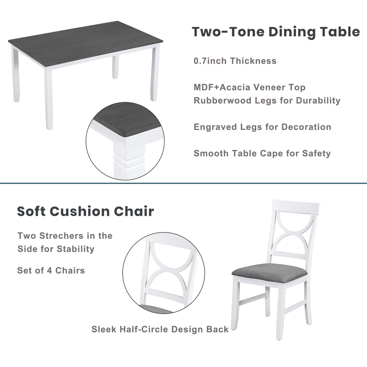Two-tone dining table with gray top and white legs, plus a gray cushioned chair