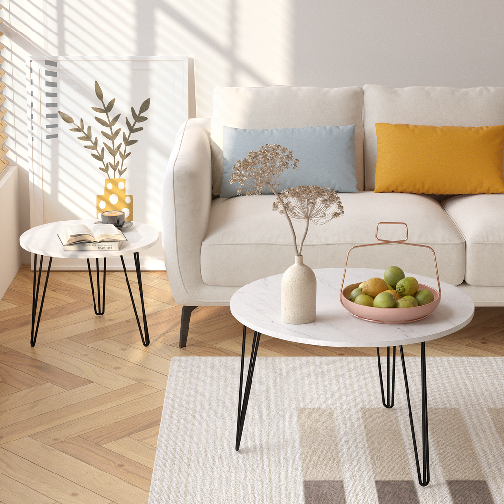 Round nesting coffee tables set of 2 with white tops and black metal legs