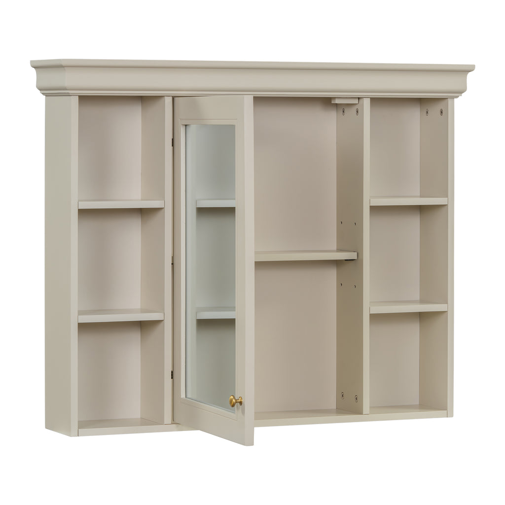 Wall-mounted cabinet with mirrored door and side compartments, cream finish