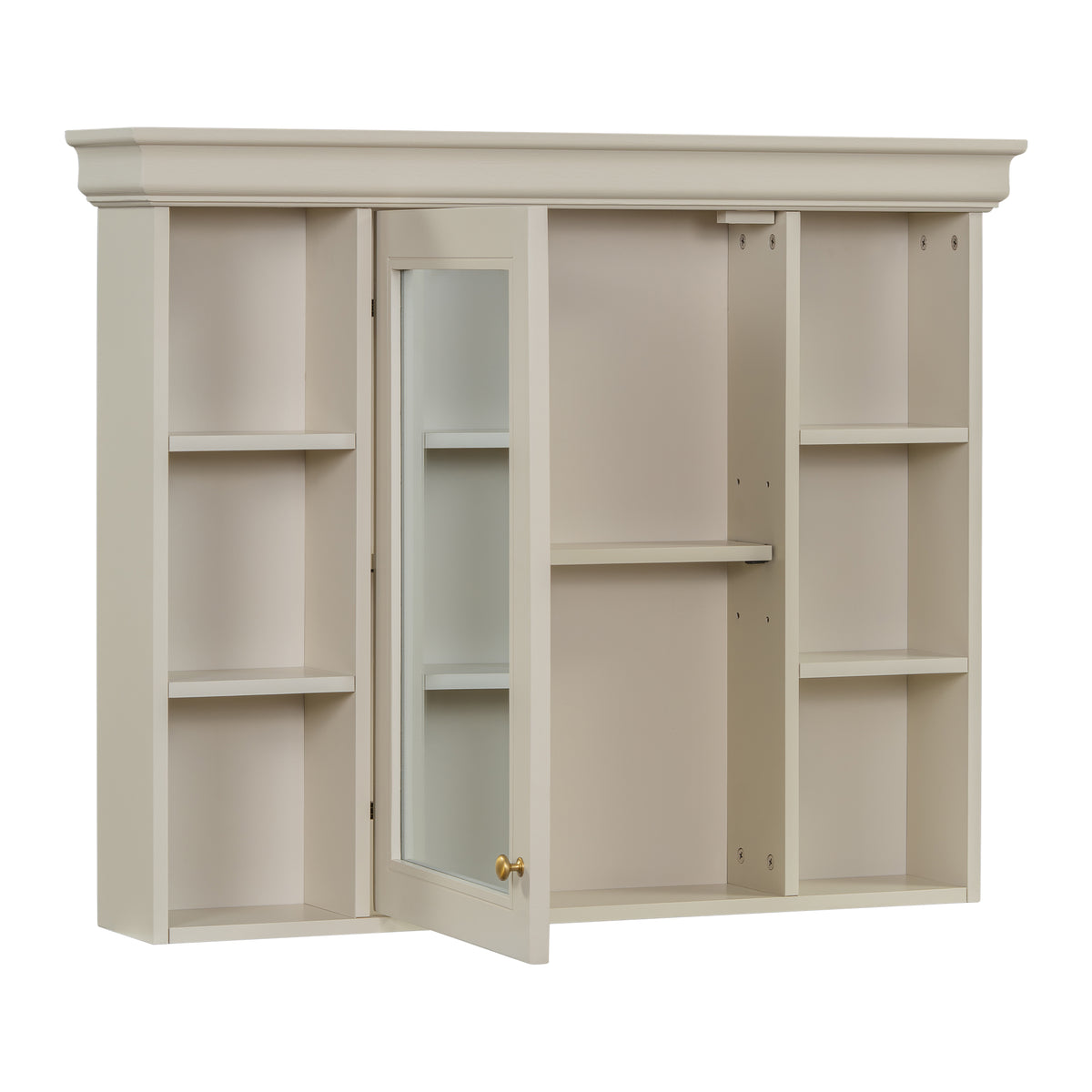 Wall-mounted cabinet with mirrored door and side compartments, cream finish