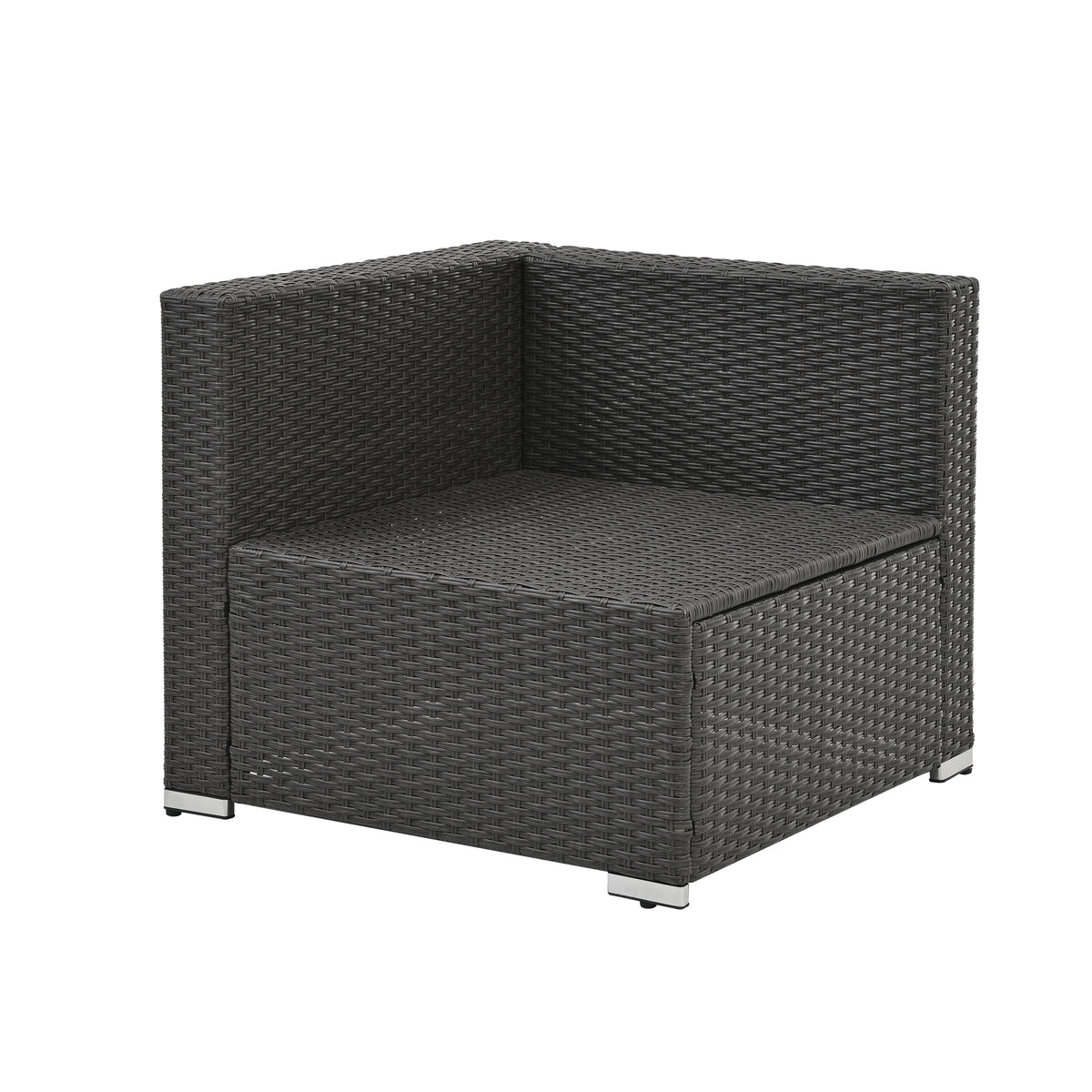 Dark gray wicker outdoor corner chair with seat cushion and armrest