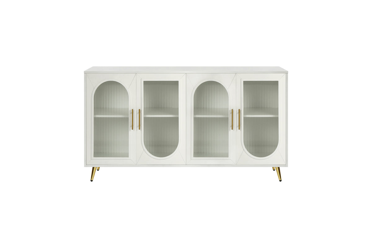Antique white TV stand with four arched glass-front cabinets and gold handles