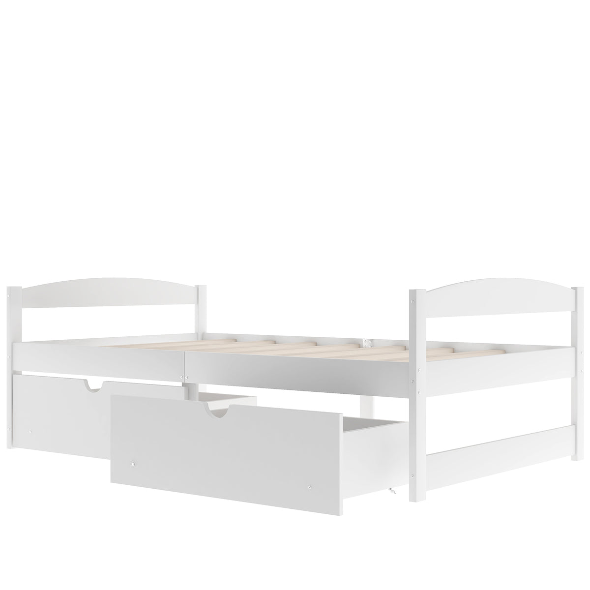 White twin platform bed featuring two front drawers with central pull handles.