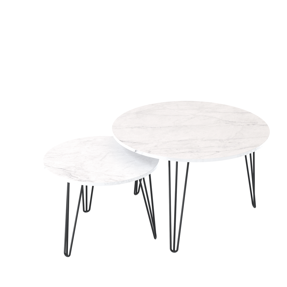 Set of 2 round nesting coffee tables, white marble-look surfaces, black metal legs
