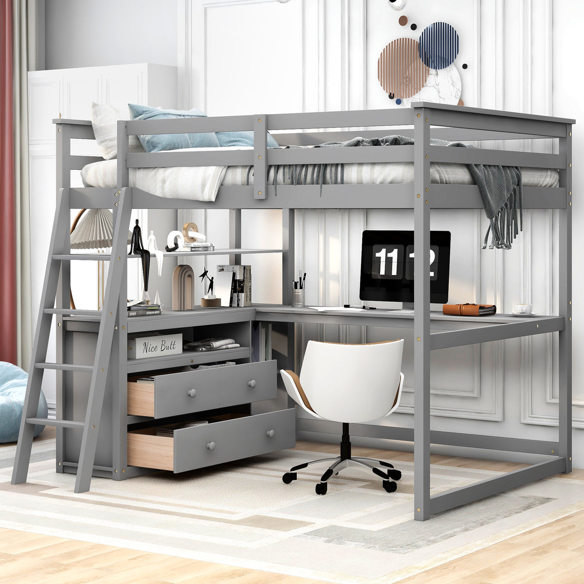 Gray loft bed with desk shelves and two drawers; guard rails and pine slat bed