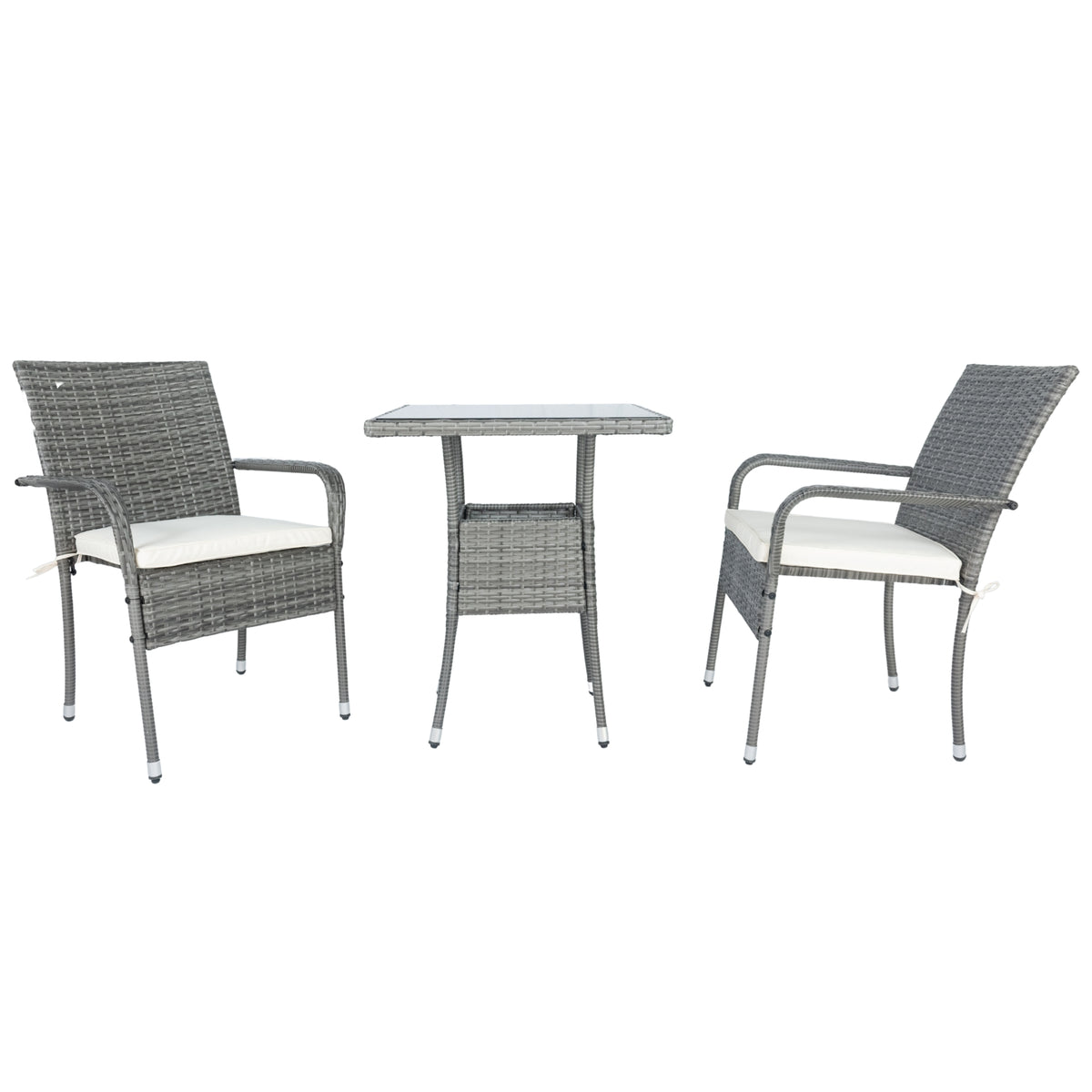 Grey wicker conversation set with two armchairs, white cushions, and central glass-top table