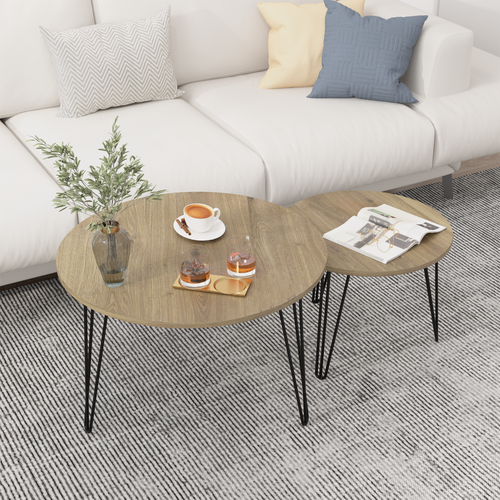 Round nesting end table set of 2 with wood tabletop and thin black metal tripod legs