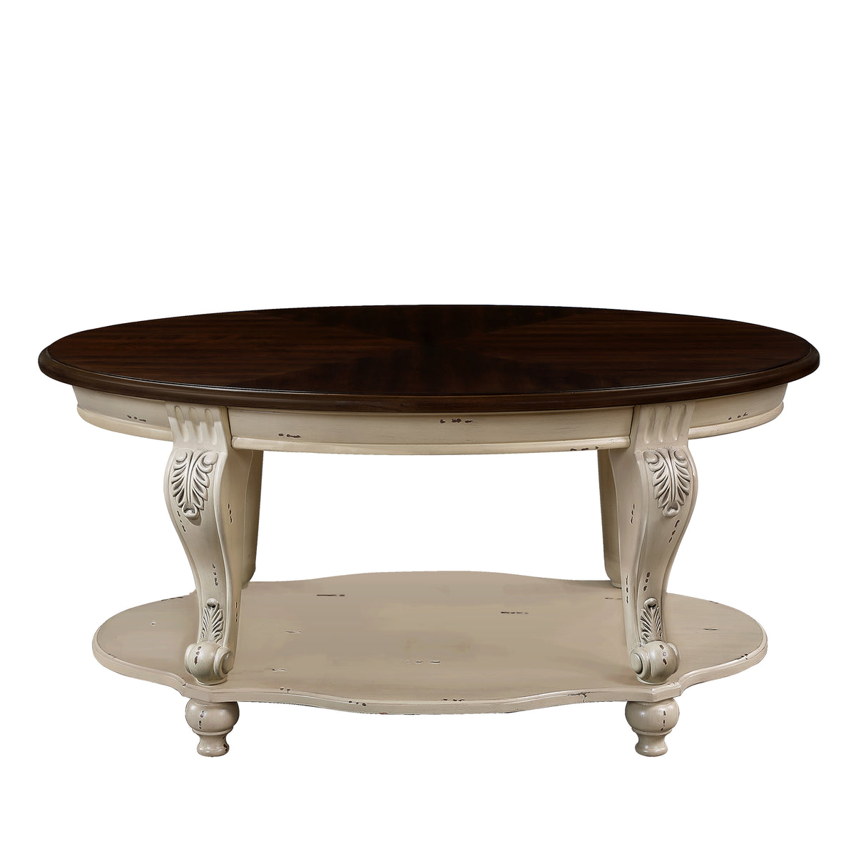 Oval coffee table with antique white base and dark wood top, open lower shelf
