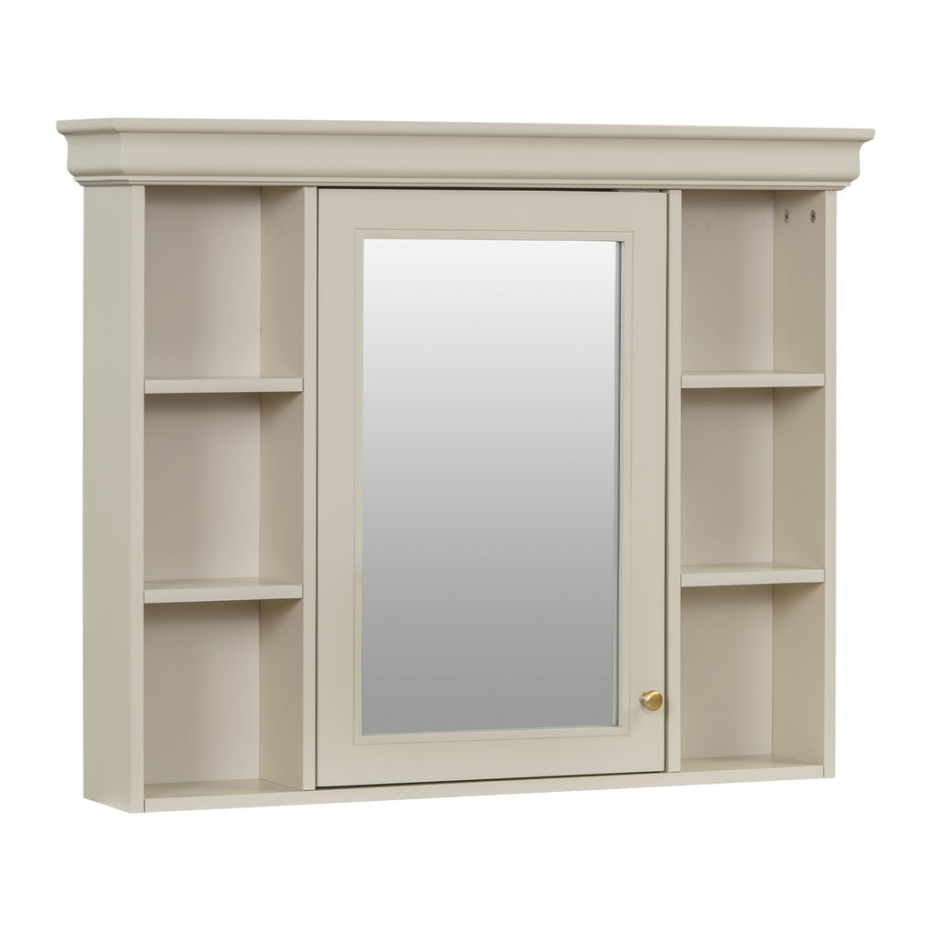 Wall-mounted bathroom storage cabinet with mirrored door and open shelving, cream finish