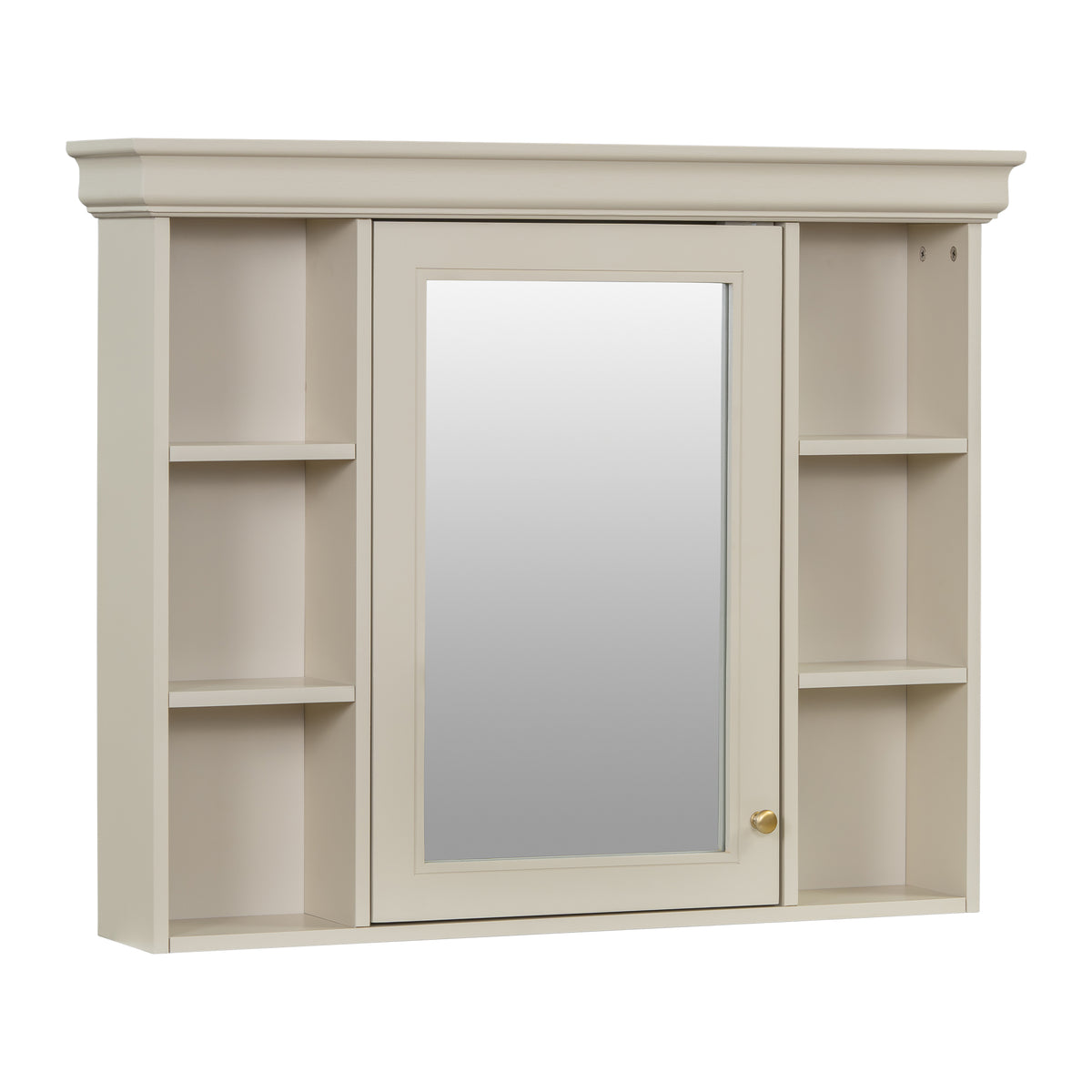 Wall-mounted bathroom storage cabinet with mirrored door and open shelving, cream finish