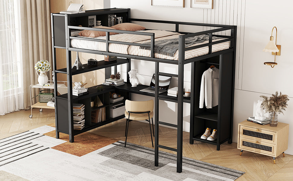 Black metal loft bed with wardrobe shelves, desk area, and integrated under-bed storage