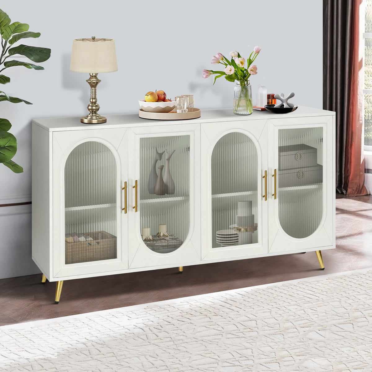 Antique white TV stand with 4 arched glass doors and gold legs, cabinet doors centered