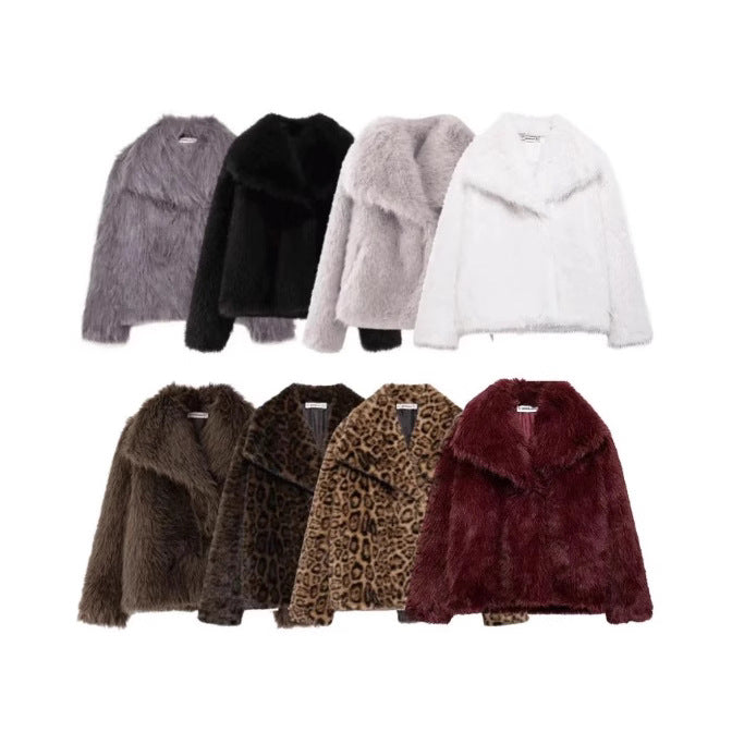 Assorted faux fur jackets in black, gray, white, brown, leopard and burgundy