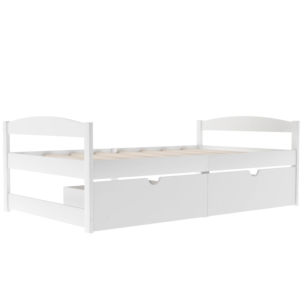 White twin platform bed showing two front drawers with curved pull tabs.