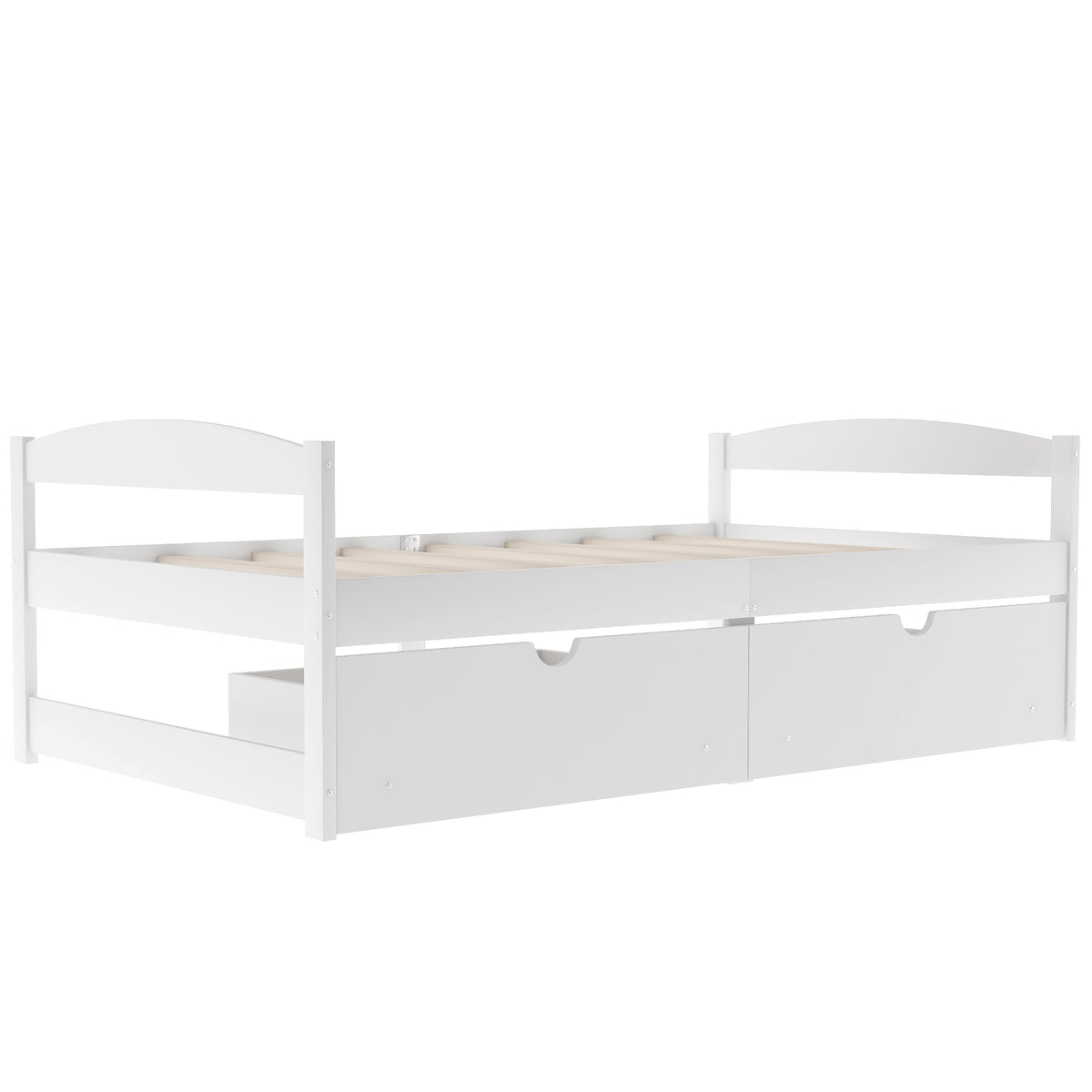 White twin platform bed showing two front drawers with curved pull tabs.