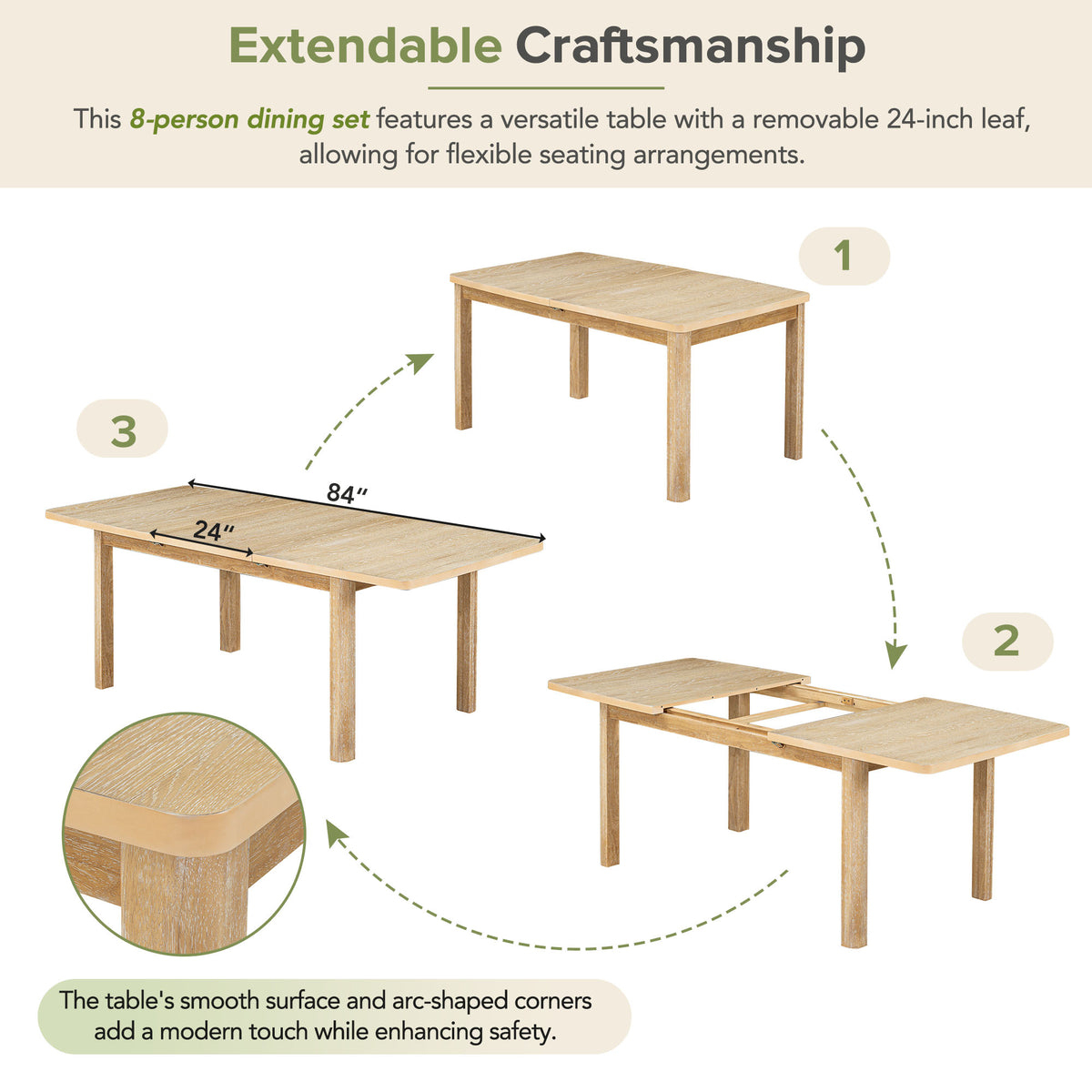 Expandable dining table diagram with detachable 24-inch leaf and armless chair layout