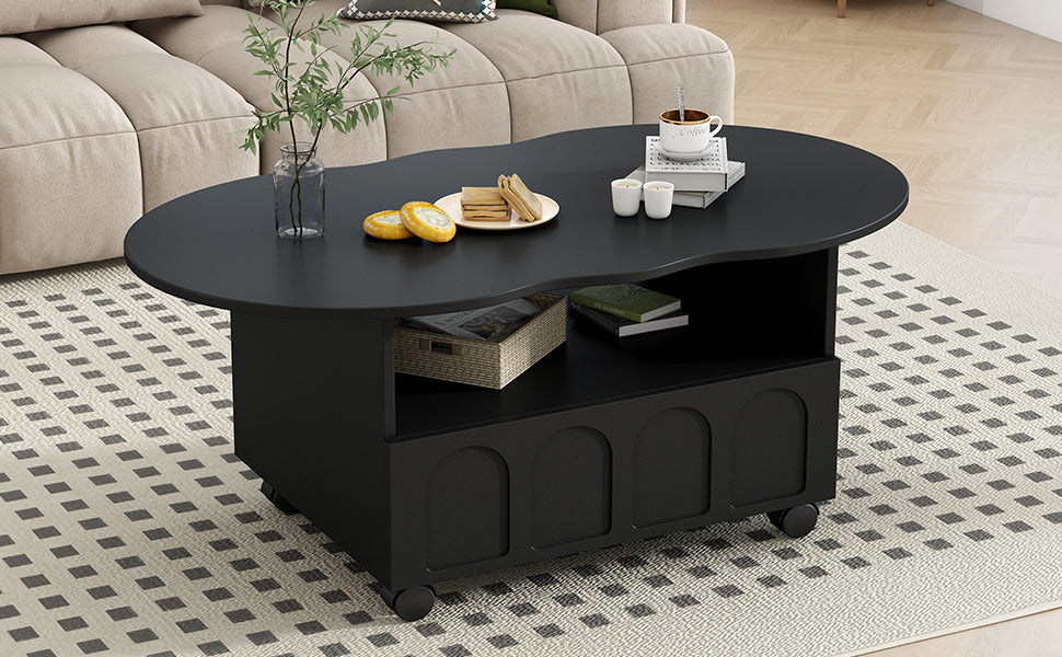 Black oval coffee table with top, open shelf, and front cabinet drawer doors