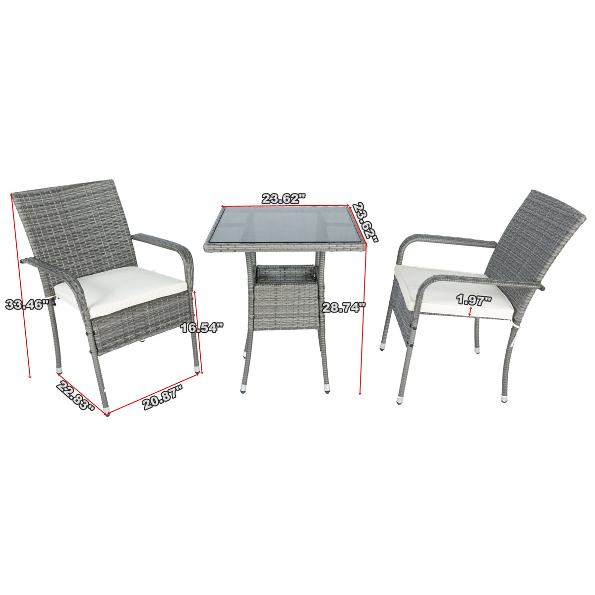 Grey wicker patio set showing two armchairs, white cushions, and glass table with measurements