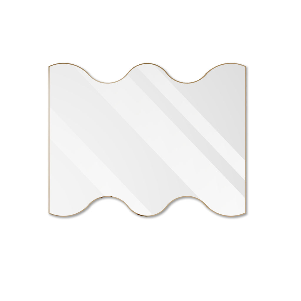 Rectangular wall mirror with wavy edges and clear glass, gold frame