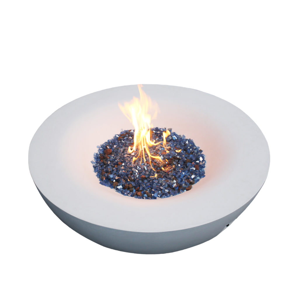 Antique white concrete propane fire pit bowl with small flame over blue fire media