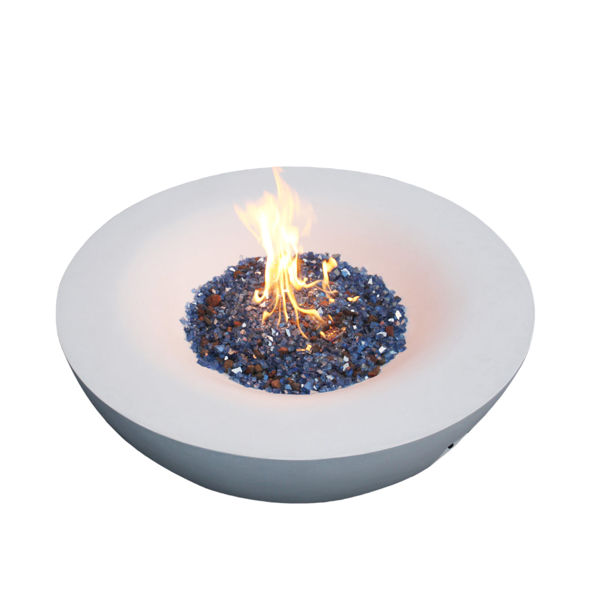 Antique white concrete propane fire pit bowl with small flame over blue fire media