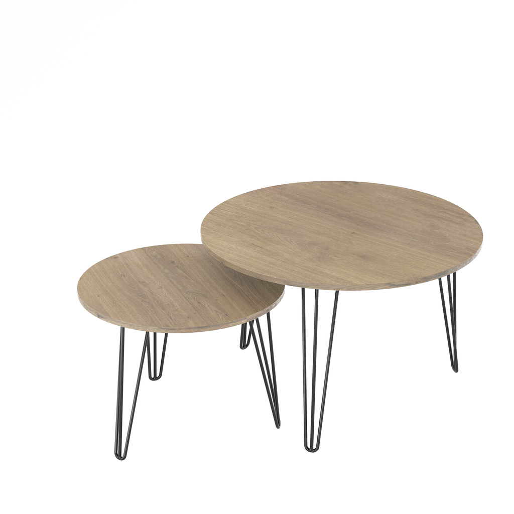 Round nesting coffee table set of 2 with dark wood-look tops and slender black metal legs