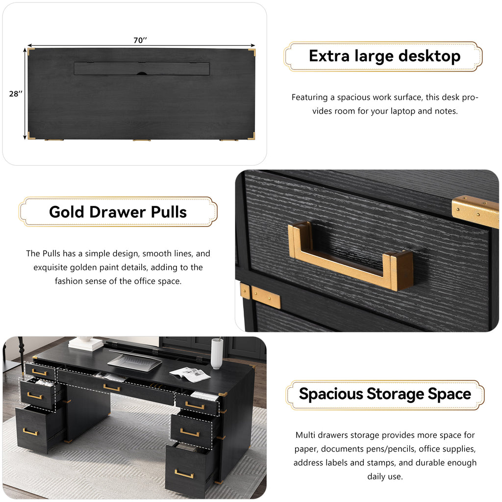 Black executive desk front with gold drawer pulls and two wide file drawers.