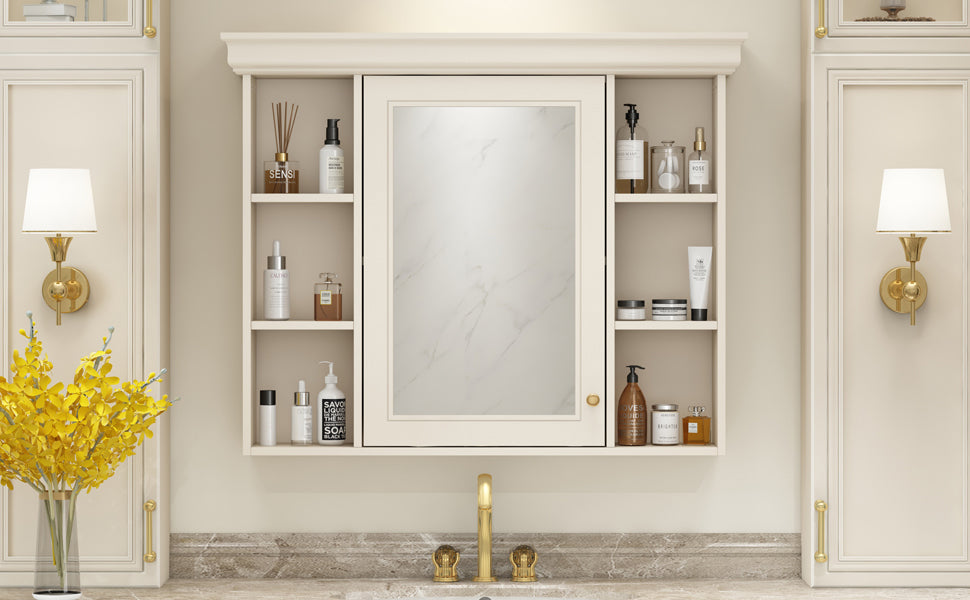 Cream bathroom wall cabinet with mirrored door and side shelves, mounted above sink