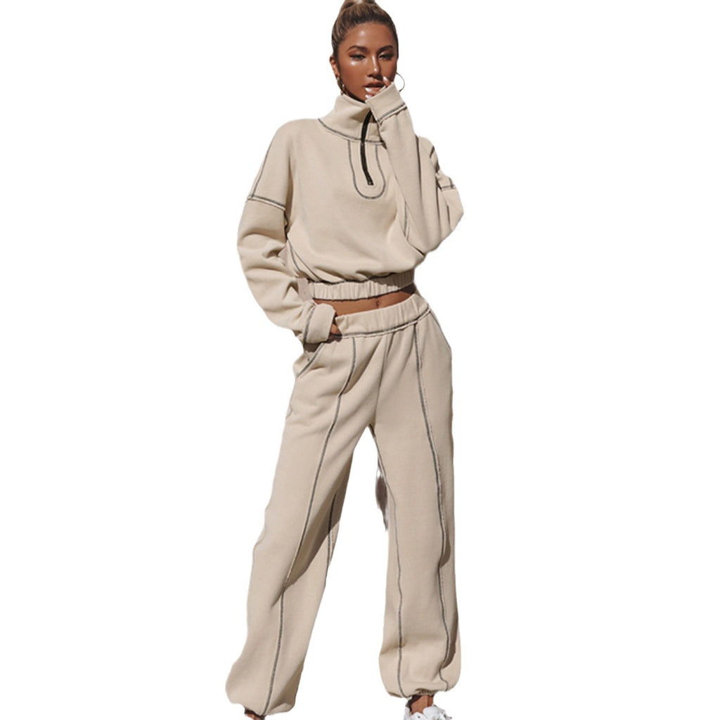 Beige sports hoodie and jogger set, half-zip mock neck, elastic cuffs and waistband