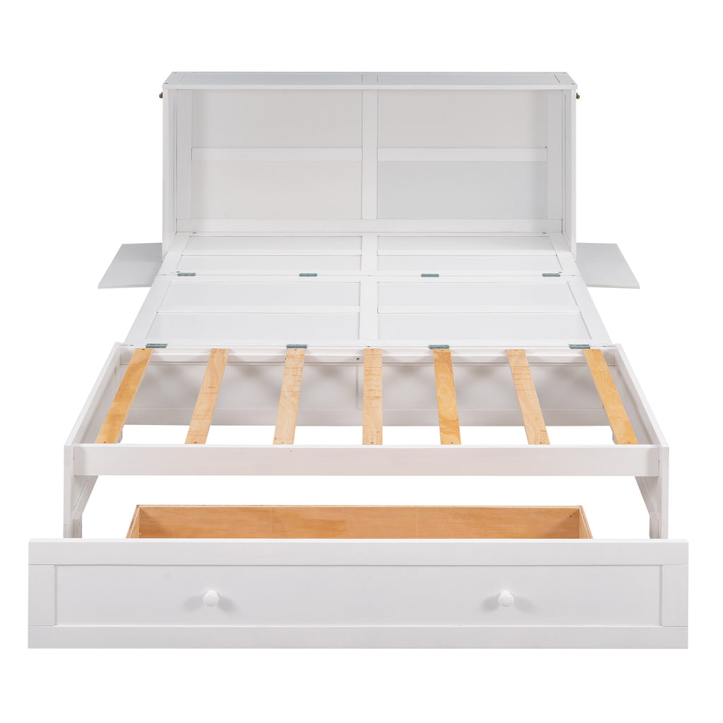 White Murphy bed open, showing interior storage and wooden slats with side drawer