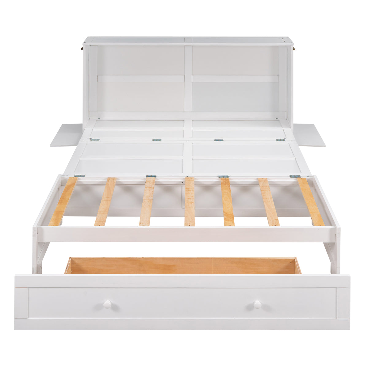 White Murphy bed open, showing interior storage and wooden slats with side drawer